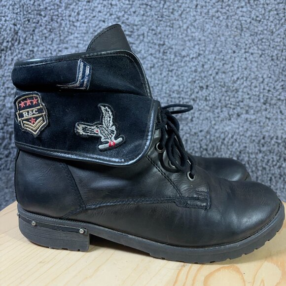 Rock & Candy Combat Boots Deane Womens Size 8 Black Military Patches Ankle Fold - Picture 3 of 8